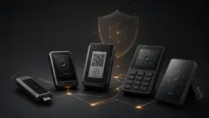 Five generic hardware signing devices arranged beneath a security shield, illustrating different hardware wallet threat models