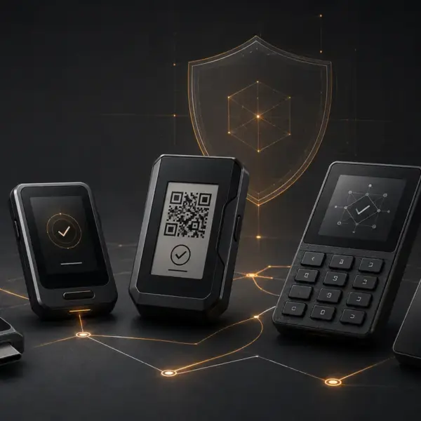Five generic hardware signing devices arranged beneath a security shield, illustrating different hardware wallet threat models