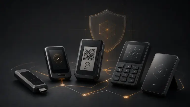 Five generic hardware signing devices arranged beneath a security shield, illustrating different hardware wallet threat models