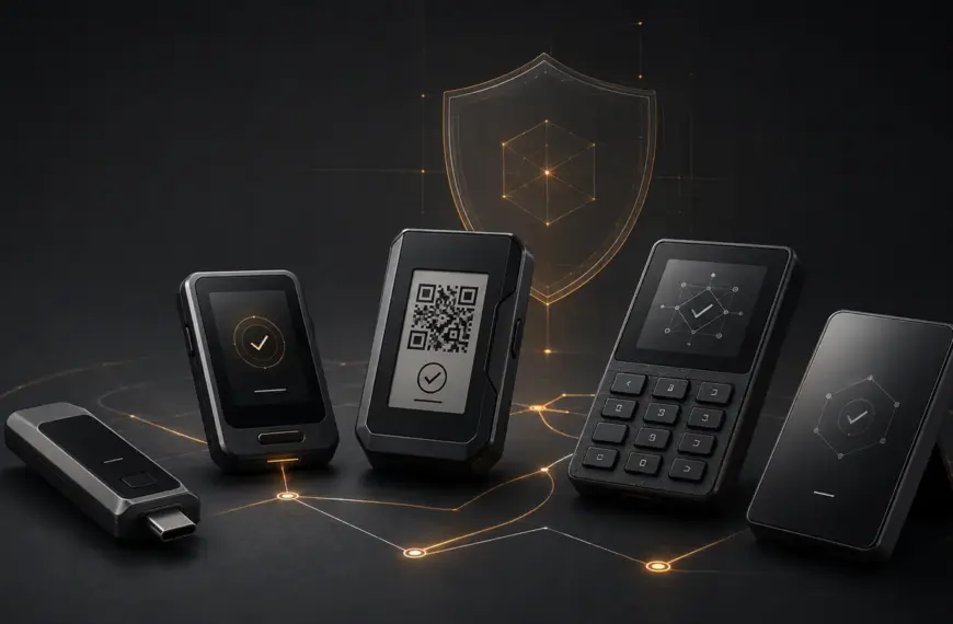 Five generic hardware signing devices arranged beneath a security shield, illustrating different hardware wallet threat models