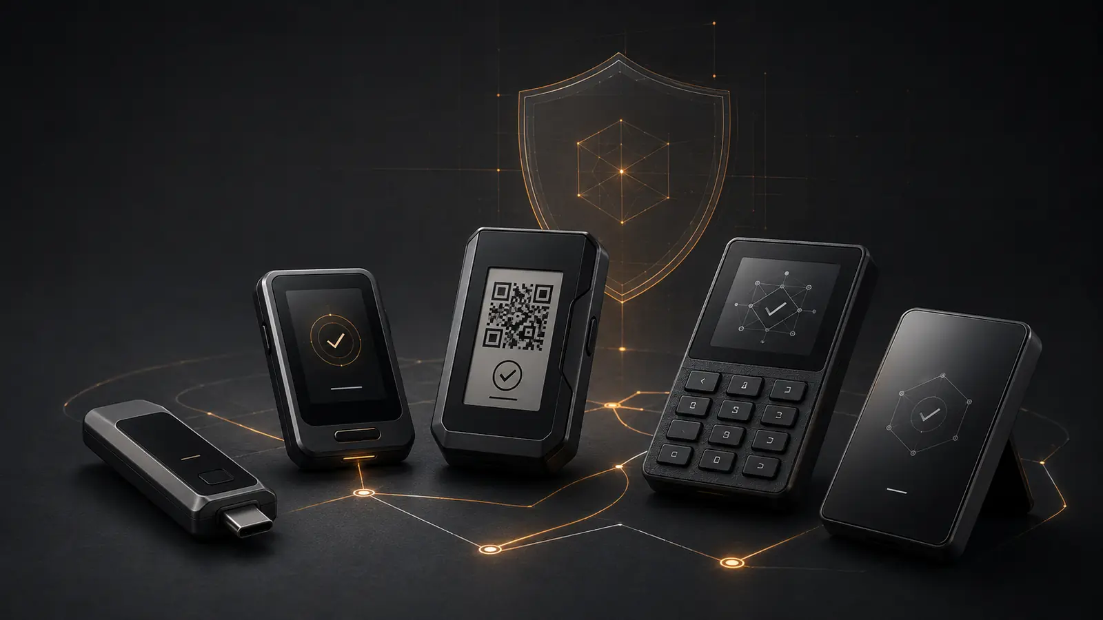 Five generic hardware signing devices arranged beneath a security shield, illustrating different hardware wallet threat models