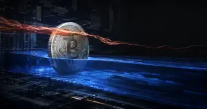 Bitcoin between a deep blue liquidity layer and a stretched orange derivatives layer.