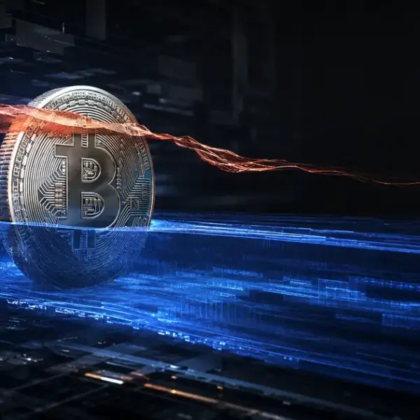 Bitcoin between a deep blue liquidity layer and a stretched orange derivatives layer.