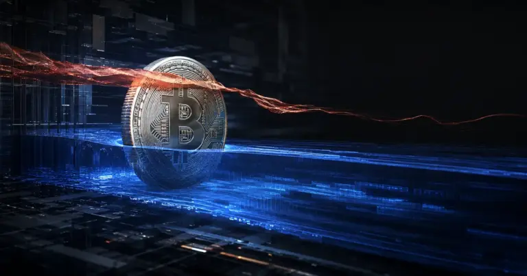 Bitcoin between a deep blue liquidity layer and a stretched orange derivatives layer.