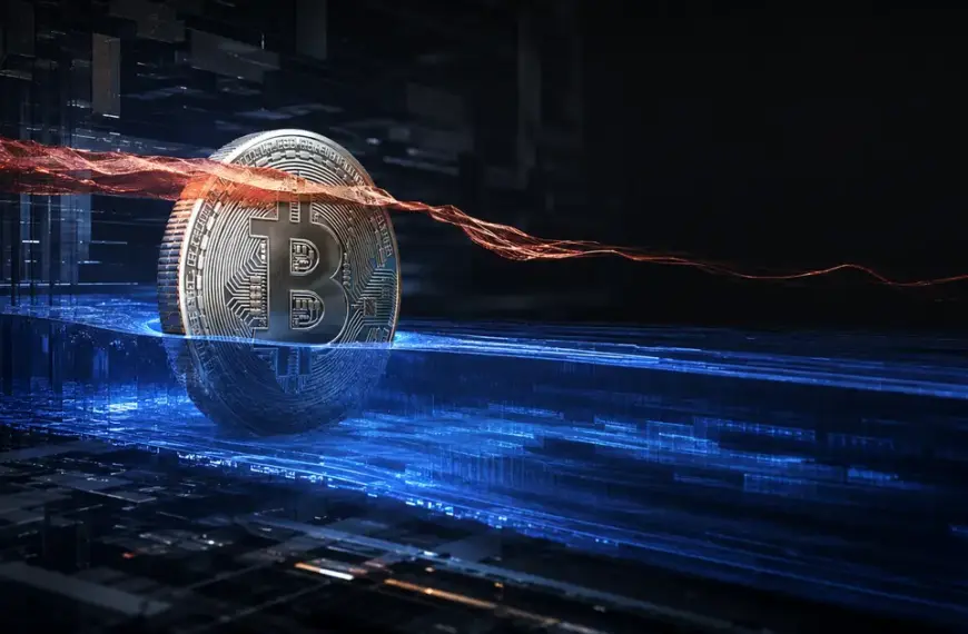 Bitcoin between a deep blue liquidity layer and a stretched orange derivatives layer.