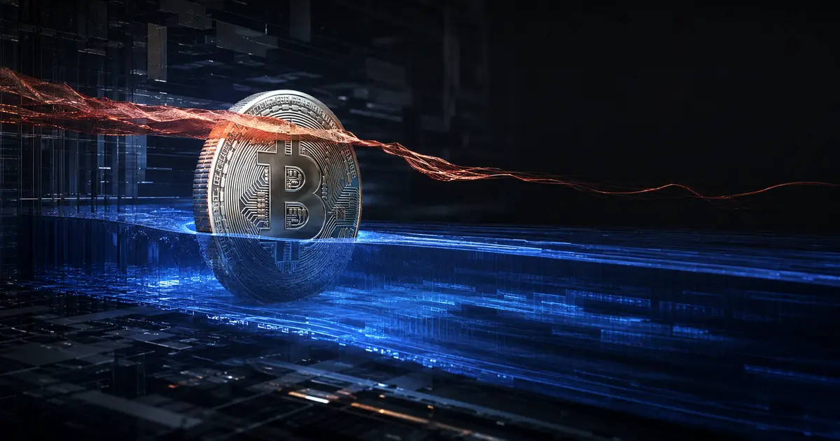 Bitcoin between a deep blue liquidity layer and a stretched orange derivatives layer.