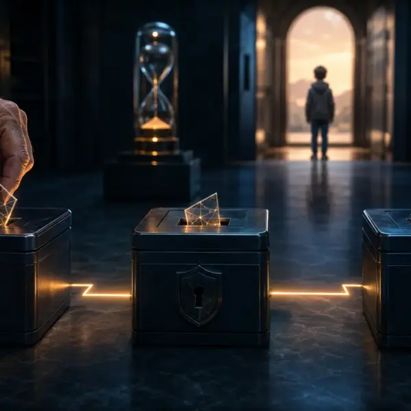 An older hand distributes recovery shares across three secure boxes for a future heir