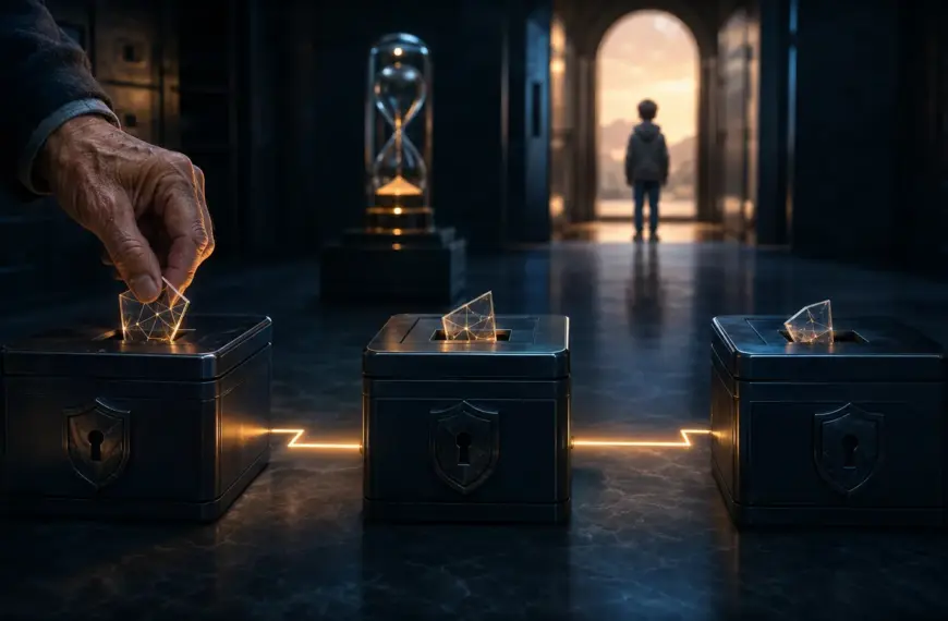 An older hand distributes recovery shares across three secure boxes for a future heir