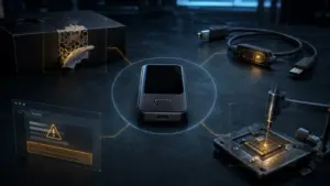 A hardware signing device surrounded by supply-chain, cable, software and physical attack paths