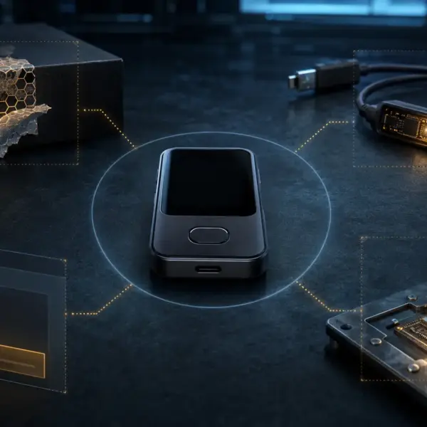 A hardware signing device surrounded by supply-chain, cable, software and physical attack paths