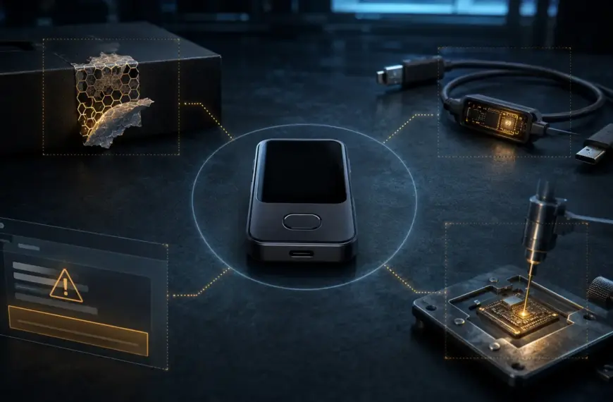 A hardware signing device surrounded by supply-chain, cable, software and physical attack paths