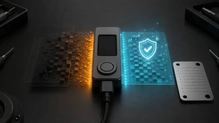 A hardware wallet moving from an old firmware layer to a verified update beside a separate backup plate
