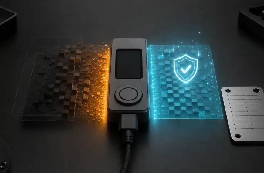 A hardware wallet moving from an old firmware layer to a verified update beside a separate backup plate