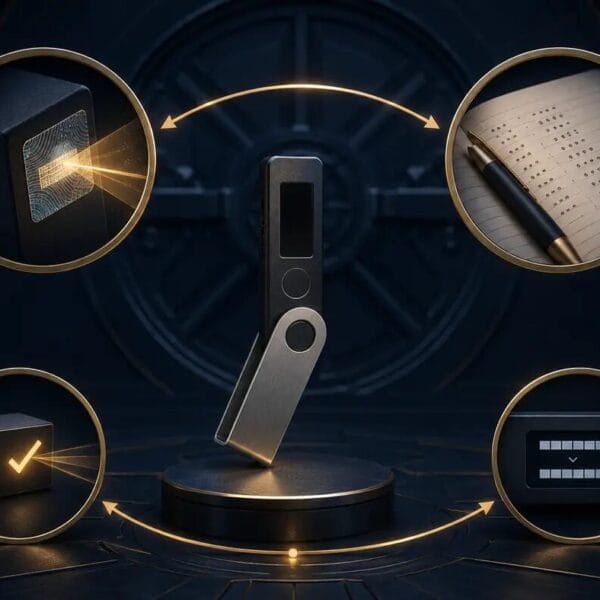 A hardware signer surrounded by four independent setup verification checkpoints