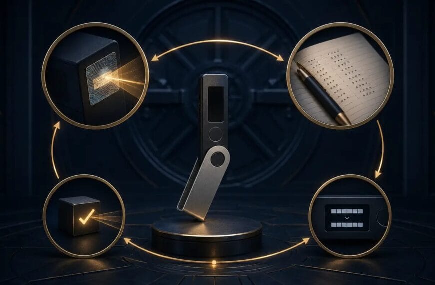 A hardware signer surrounded by four independent setup verification checkpoints