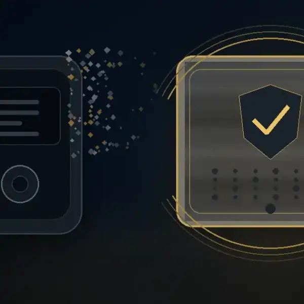 A lost hardware signing device fading into darkness while a protected recovery backup remains secure