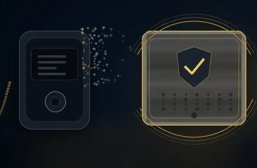 A lost hardware signing device fading into darkness while a protected recovery backup remains secure