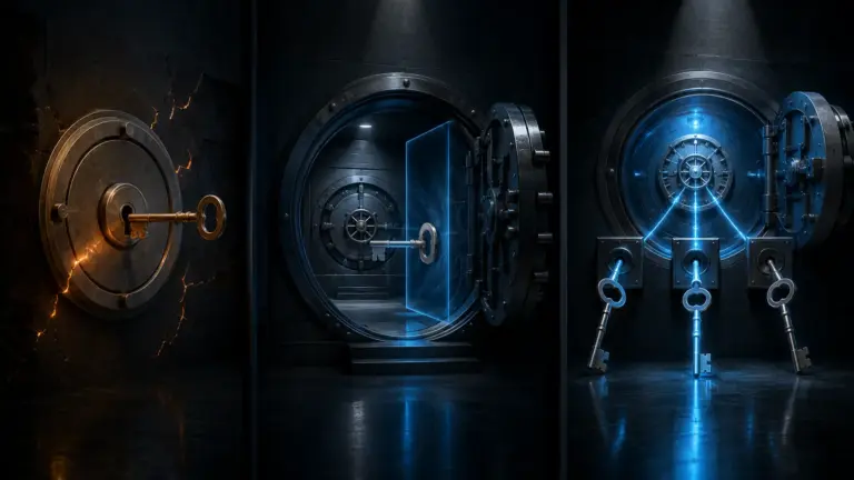 Three vault designs representing one key, a hidden passphrase layer and distributed multisignature keys