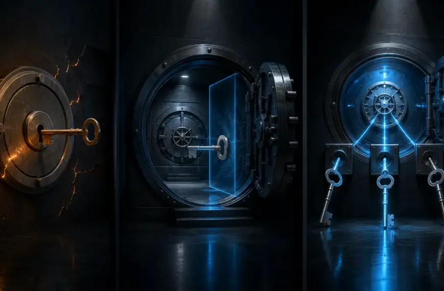 Three vault designs representing one key, a hidden passphrase layer and distributed multisignature keys