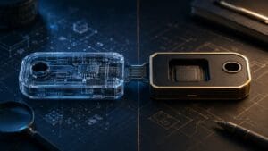 A transparent inspectable hardware wallet layer connected to a sealed secure chip layer