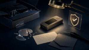 A hardware wallet under forensic inspection beside damaged packaging and an authenticity check