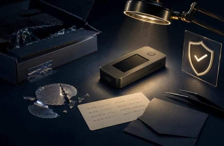 A hardware wallet under forensic inspection beside damaged packaging and an authenticity check