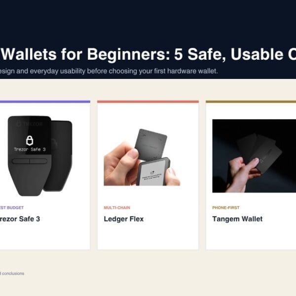 Trezor Safe 7, Trezor Safe 3, Ledger Flex, Tangem Wallet and BitBox02 Nova compared for beginners