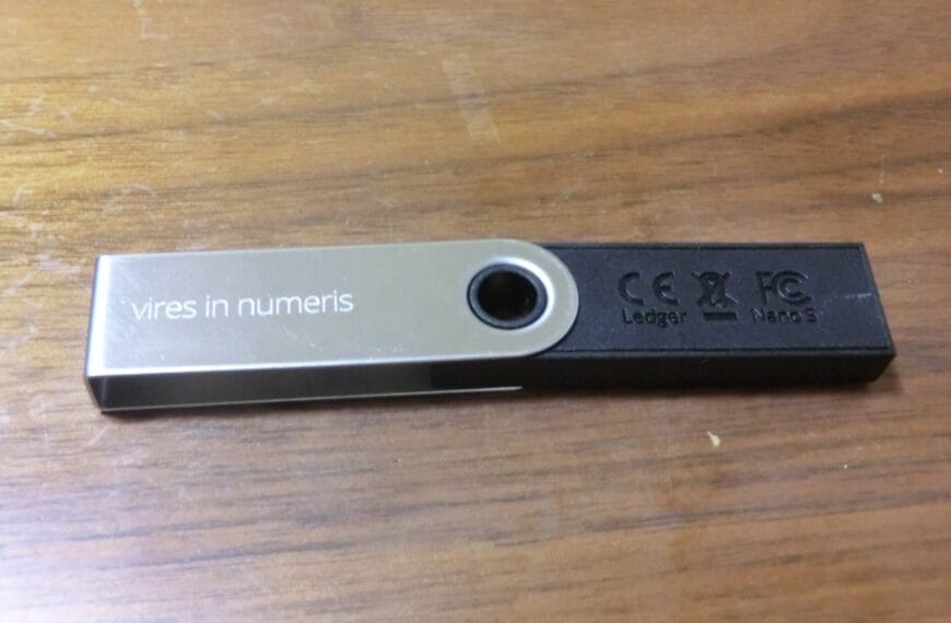 Ledger Nano S hardware wallet photographed close up