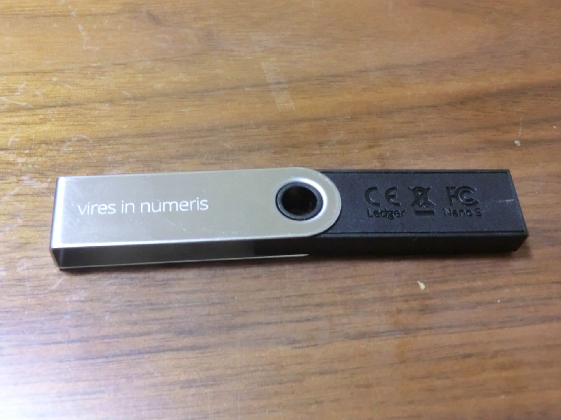 Ledger Nano S hardware wallet photographed close up