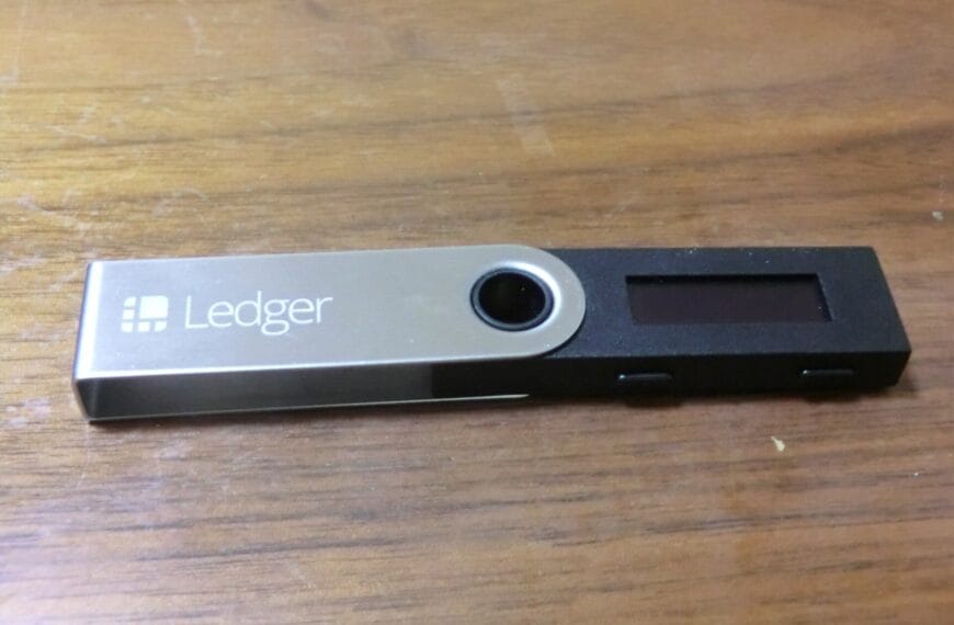 Ledger Nano S hardware wallet photographed close up