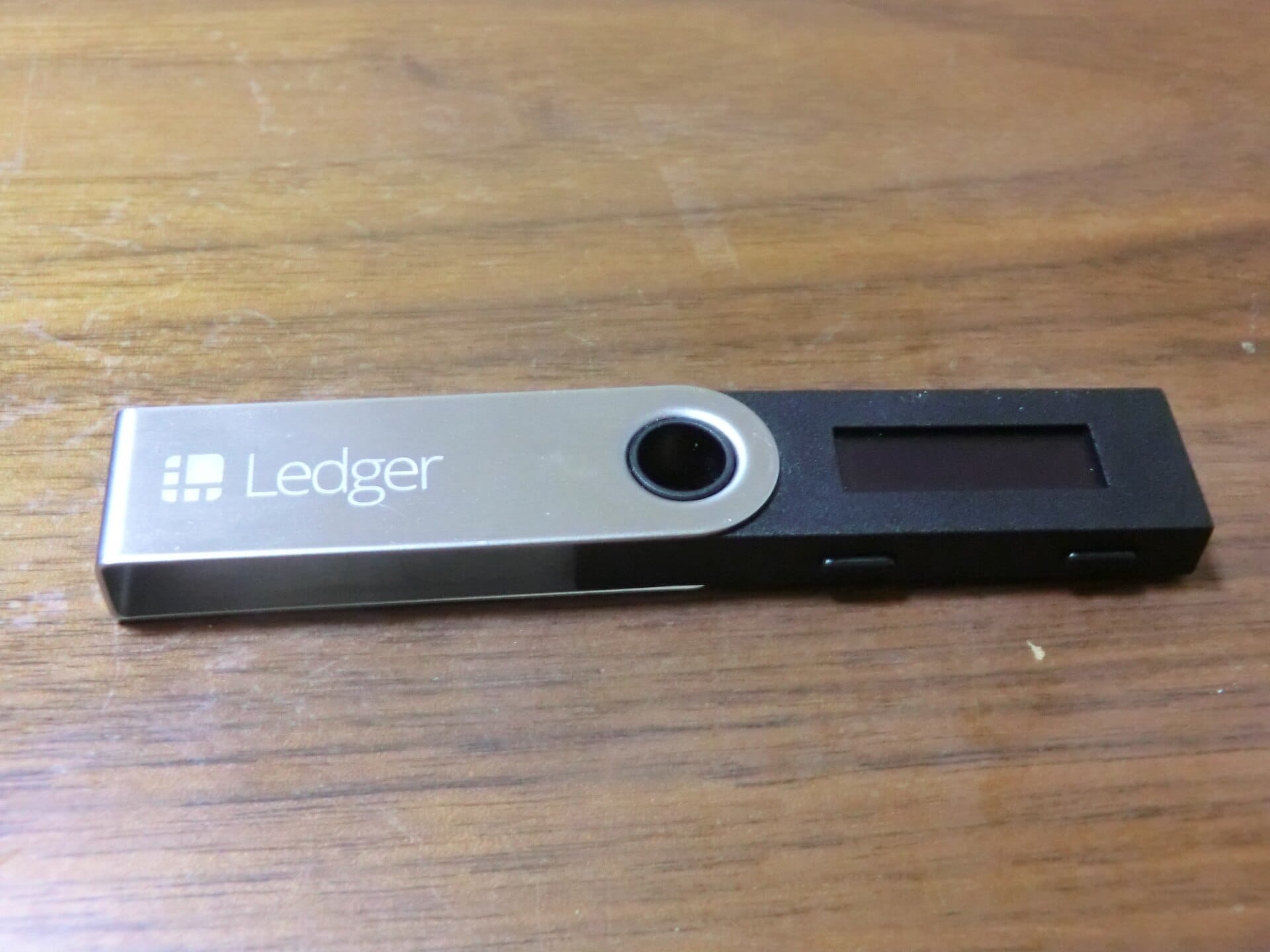 Ledger Nano S hardware wallet photographed close up
