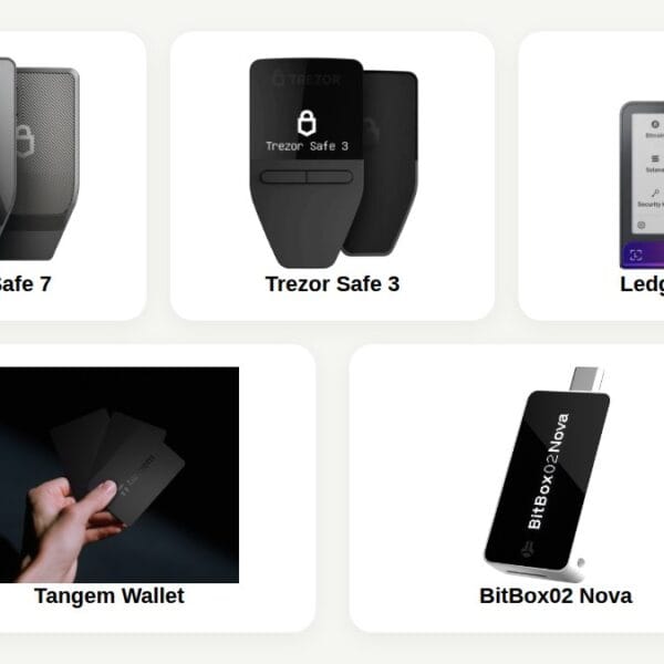 Trezor Safe 7, Trezor Safe 3, Ledger Flex, Tangem Wallet and BitBox02 Nova compared using official first-party product images
