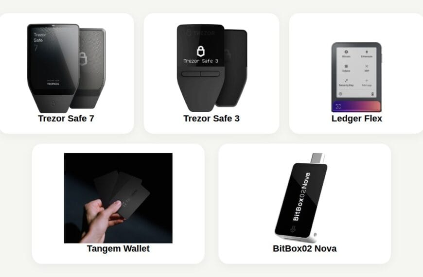 Trezor Safe 7, Trezor Safe 3, Ledger Flex, Tangem Wallet and BitBox02 Nova compared using official first-party product images