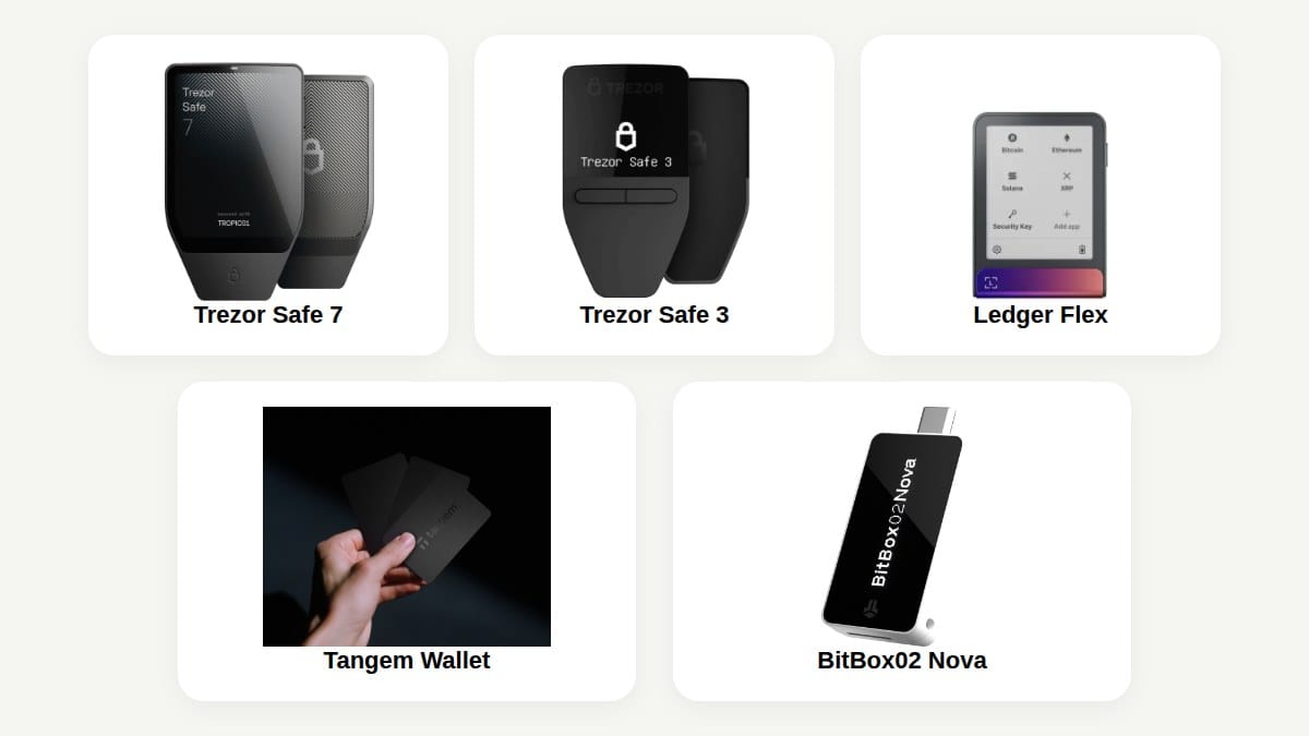 Trezor Safe 7, Trezor Safe 3, Ledger Flex, Tangem Wallet and BitBox02 Nova compared using official first-party product images