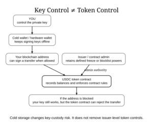 Diagram showing that cold-wallet key control is separate from USDC token-contract control: the owner controls the private key while the issuer can retain defined freeze or blocklist authority.