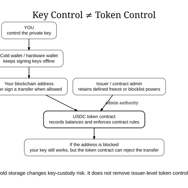 Diagram showing that cold-wallet key control is separate from USDC token-contract control: the owner controls the private key while the issuer can retain defined freeze or blocklist authority.