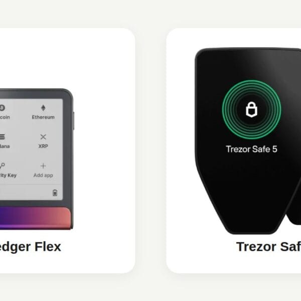 Ledger Flex and Trezor Safe 5 hardware wallets compared side by side using official product images
