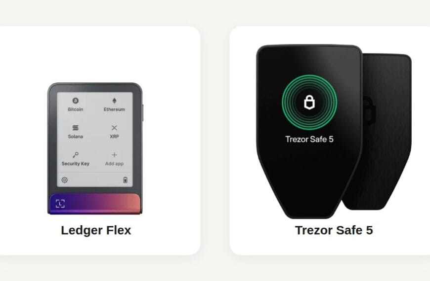 Ledger Flex and Trezor Safe 5 hardware wallets compared side by side using official product images