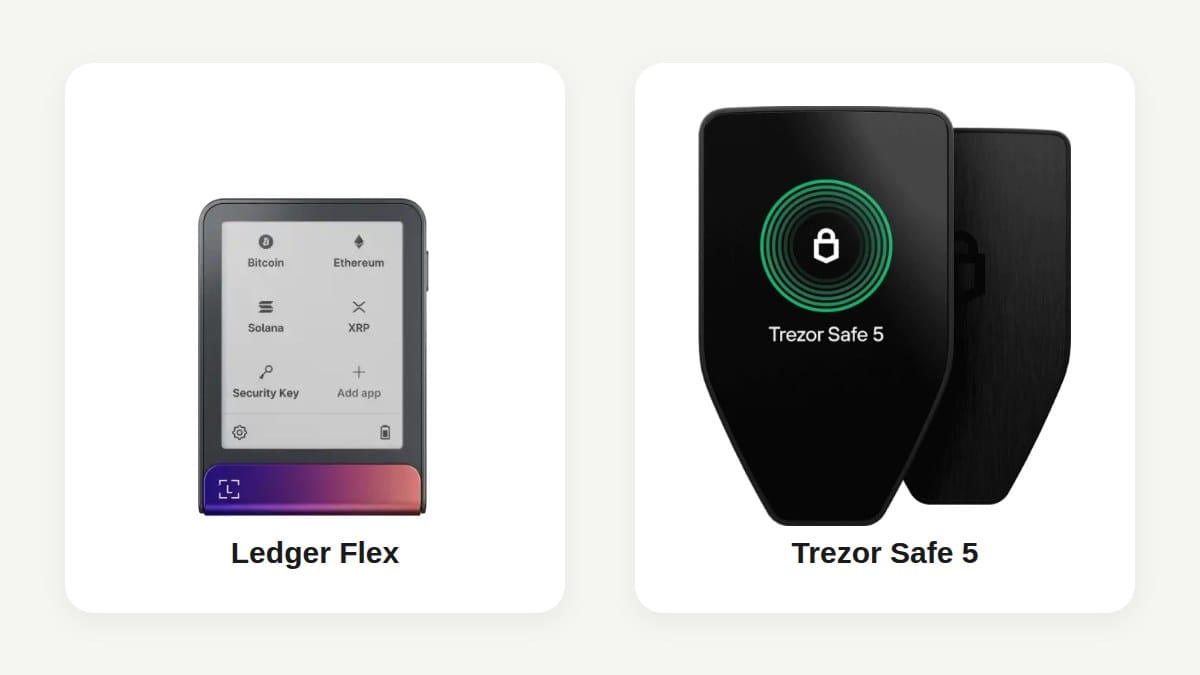 Ledger Flex and Trezor Safe 5 hardware wallets compared side by side using official product images