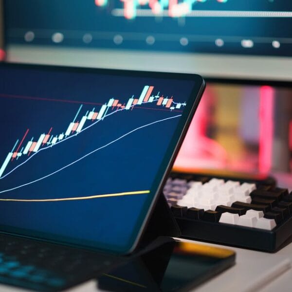 Trading desk with multiple digital market charts and financial devices