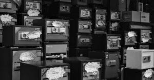Rows of physical safes used to illustrate protected seed phrase storage