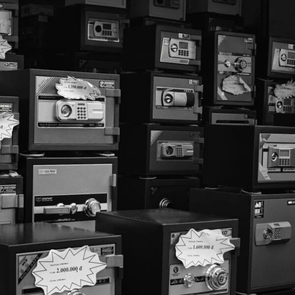 Rows of physical safes used to illustrate protected seed phrase storage