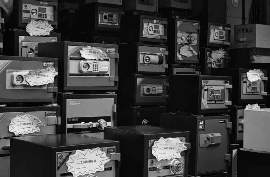 Rows of physical safes used to illustrate protected seed phrase storage