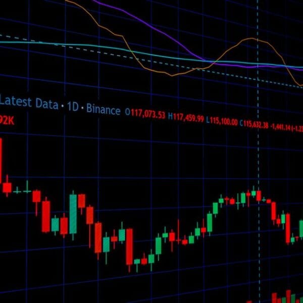 Cryptocurrency market chart with technical analysis on a screen