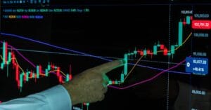 Hand pointing to financial graphs on a monitor during data analysis