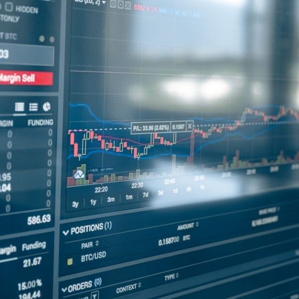 Financial market screens showing exchange prices and charts