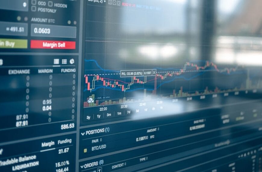 Financial market screens showing exchange prices and charts