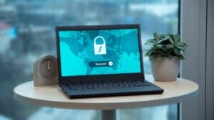 Laptop displaying a security lock icon to illustrate read-only API key permissions and data access risk