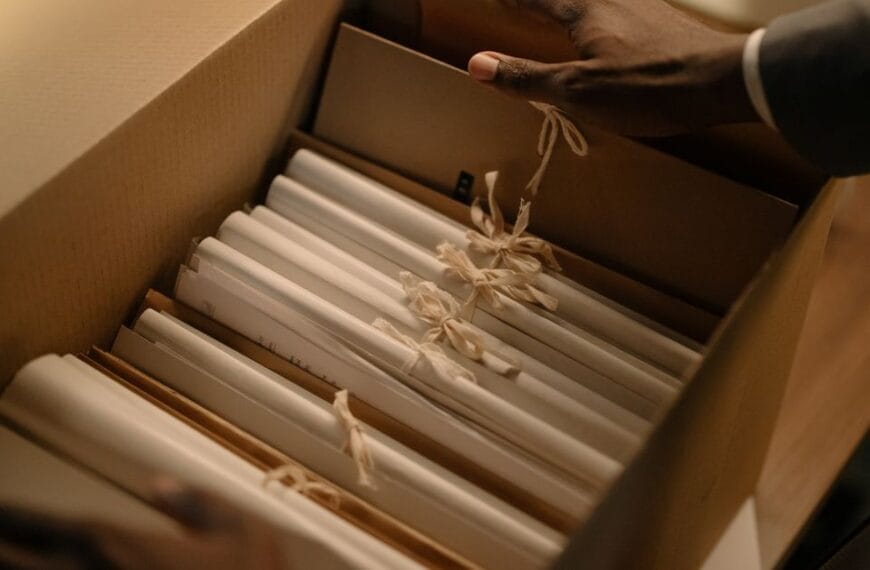 Hands organizing file folders in a records box during document review