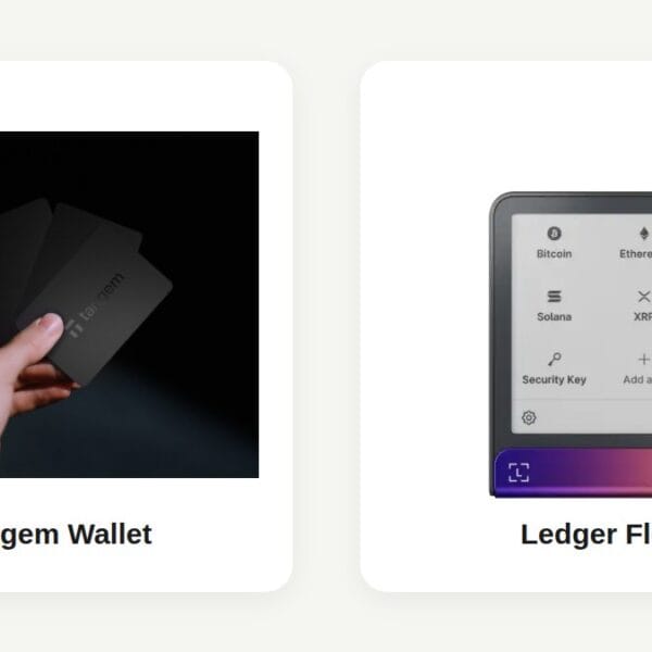 Tangem Wallet cards and Ledger Flex hardware wallet compared side by side using official product images